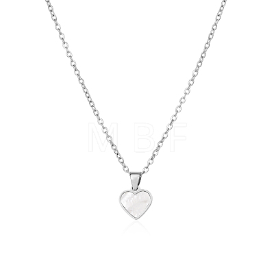 Natural White Shell 304 Stainless Steel Heart Pendant Necklaces for Women BL5235-1-1