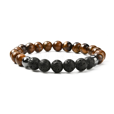 Natural Tiger Eye & Lava Rock & Synthetic Hematitie Beads Stretch Bracelet Set BJEW-JB07030-1