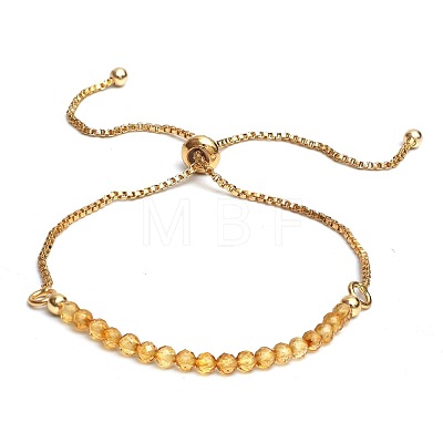Heated Natural Citrine Faceted Round Beaded Adjustable Brass Box Chain Slider Bracelets for Women QE7421-6-1