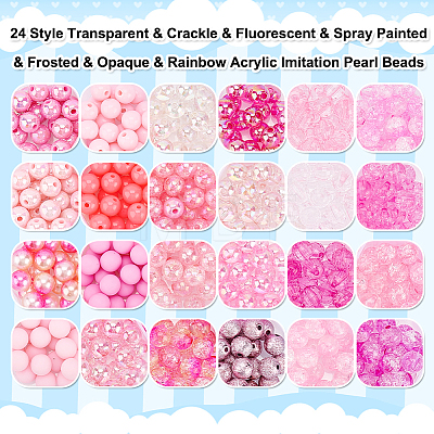576Pcs 24 Style Transparent & Crackle & Fluorescent & Spray Painted & Frosted & Opaque & Rainbow Acrylic Imitation Pearl Beads DIY-HY0001-35C-1