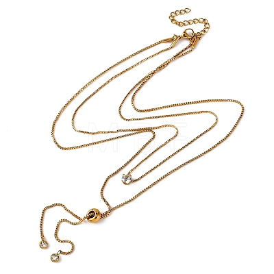 304 Stainless Steel Crystal Rhinestone Flat Round Box Chain Double Layer Slider Lariat Necklaces NJEW-K291-01G-1