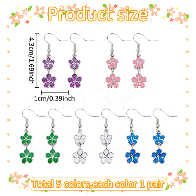 ANATTASOUL 5 Pairs 5 Colors Alloy Enamel Flower Dangle Earrings EJEW-AN0004-76-1