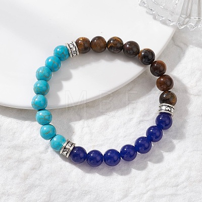 Round Natural Tiger Eye & Dyed Malaysia Jade & Synthetic Turquoise Beads Stretch Bracelets for Women BJEW-JB12744-1