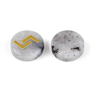Brass Elder Futhark Alphabet Engraved Symbol Flat Round Natural Labradorite Rune Stones G-I373-01K-1