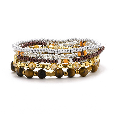 5Pcs 5 Style Natural Frosted Tiger Eye & Synthetic Hematite & Glass Sead Beads Stretch Bracelets Set BJEW-JB07670-01-1