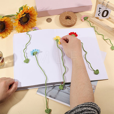 5Pcs 5 Colors Wool Crochet Flower & Heart Hanging Bookmarks AJEW-GL0003-55-1