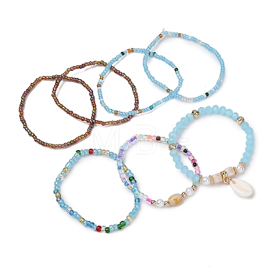 Bohemian Resin & Alloy & Glass Beads & Shell & Plastic Pearls Beaded Stretch Bracelets BJEW-Z169-01B-1