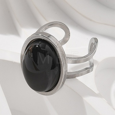 Oval Natural Black Agate Finger Rings RJEW-M062-02P-03-1