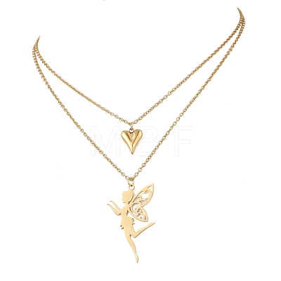 Stainless Steel Fairy and Heart Pendant 304 Stainless Steel Cable Chain Double Layer Necklaces for Women NJEW-JN05810-01-1