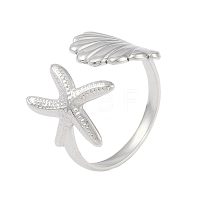 304 Stainless Steel Starfish & Shell Open Cuff Rings for Women LS-RJEW-C095-09P-1