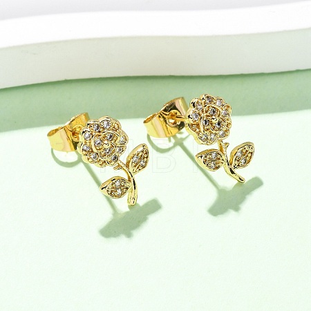 Brass Micro Pave Clear Cubic Zirconia Flower Stud Earrings EJEW-K267-35G-1