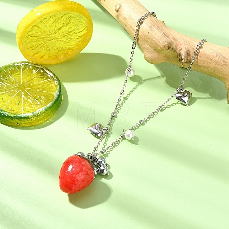 Shell Pearl & Resin Red Strawberry Pendant 304 Stainless Steel Satellite Chain Necklaces for Women NJEW-JN06118-1