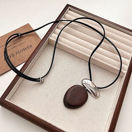 Wood & Alloy Oval Pendant Adjustable Black Waxed Cord Necklaces for Women WG6CE6E-01-1