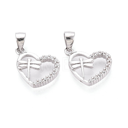 925 Sterling Silver Micro Pave Clear Cubic Zirconia Heart with Dragonfly Charms with 925 Stamp STER-T008-83P-1