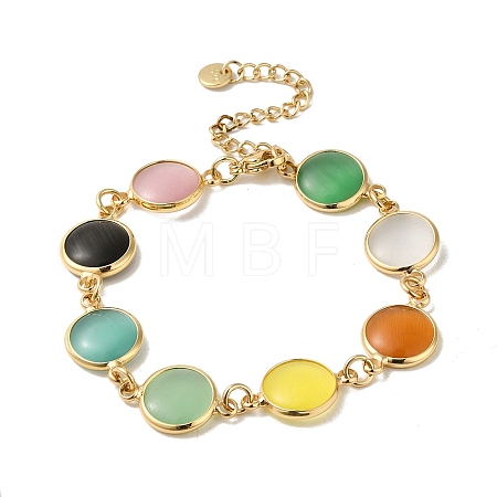 Colorful Flat Round Cat Eye & Brass Link Chain Bracelets for Women NJEW-K269-08KCG-1