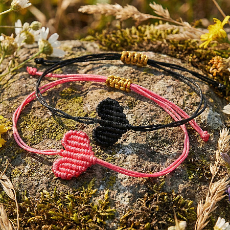 2Pcs Handwoven Polyester Heart Braided String Bracelets DI4678-1