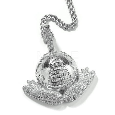 Brass Micro Pave Clear Cubic Zirconia Earth with Hands Pendant 316L Surgical Stainless Steel Rope Chain Necklaces for Men FS-WG87F27-02-1