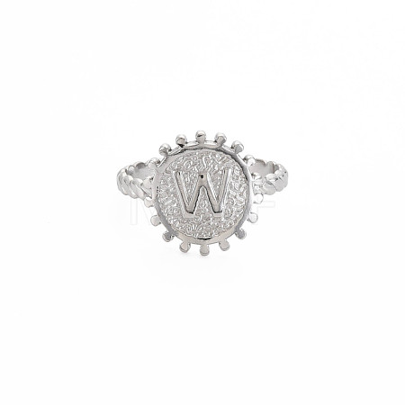 Non-Tarnish 304 Stainless Steel Flat Round with Initial Letter Open Cuff Ring for Men Women RJEW-S405-246P-W-1