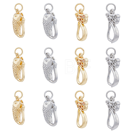 12Pcs 4 Styles Rack Plating Brass Hook Clasps KK-FH0005-43-1