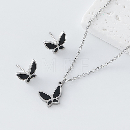 304 Stainless Steel Enamel Butterfly Pendant Necklace & Stud Earrings Set for Women AP1846-6-1
