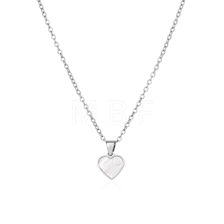 Natural White Shell 304 Stainless Steel Heart Pendant Necklaces for Women BL5235-1-1