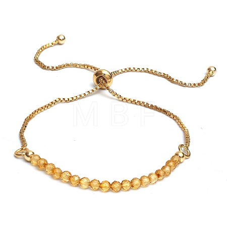 Heated Natural Citrine Faceted Round Beaded Adjustable Brass Box Chain Slider Bracelets for Women QE7421-6-1