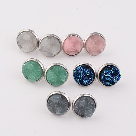 Flat Round 304 Stainless Steel Druzy Resin Ear Studs X-EJEW-JE01964-1