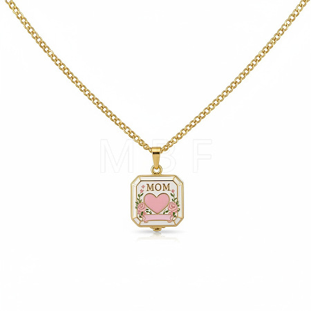 Mother's Day Brass Enamel Pink Heart Mom Openable Square Locket Pendant Necklaces for Women WGB75E5-01-1