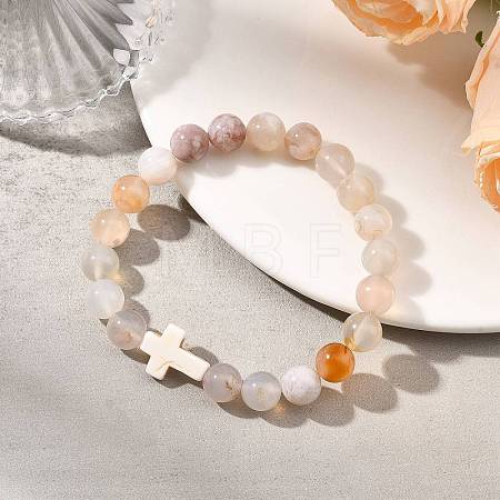 Natural Cherry Blossom Agate & Synthetic Turquoise Cross & Round Beaded Stretch Bracelets for Women Men BJEW-JB13926-01-1