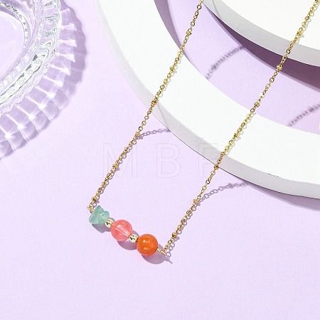 Round Cherry Quartz Glass & Natural Carnelian & Chip Natural Green Aventurine Beaded Pendant 304 Stainless Steel Satellite Chain Necklaces for Women NJEW-JN06158-03-1