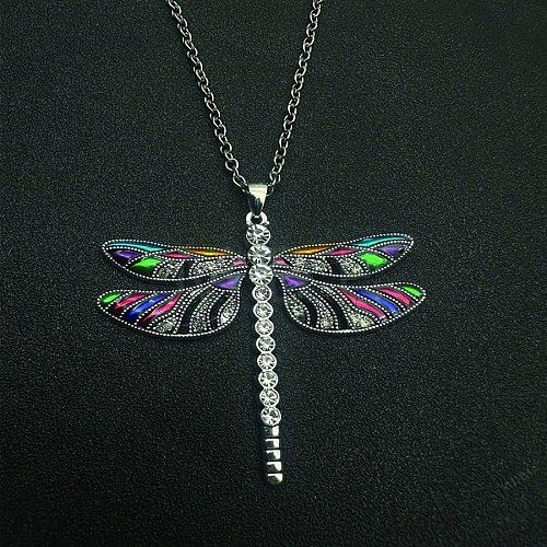 Vintage Luxury Zinc Alloy Crystal Rhinestone Dragonfly Pendant Necklaces with Enamle UK1474-1-1