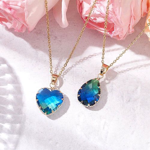 2Pcs 2 Styles Teardrop Heart K9 Glass Imitation Tourmaline Pendant Necklaces Sets NJEW-JN05188-02-1