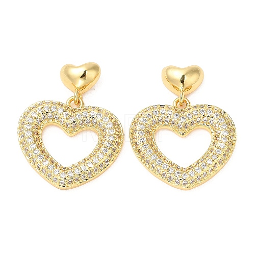 Rack Plating Brass Heart Dangle Stud Earrings with Cubic Zirconia EJEW-D064-08G-1