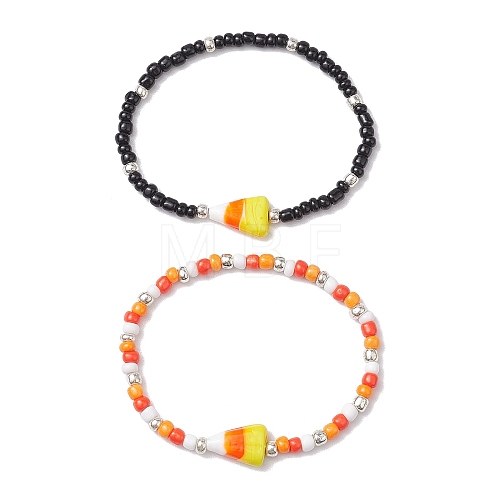 2Pcs 2 Colors Halloween Candy Corn Acrylic & Glass Seed Beaded Stretch Bracelet Sets BJEW-JB10524-1