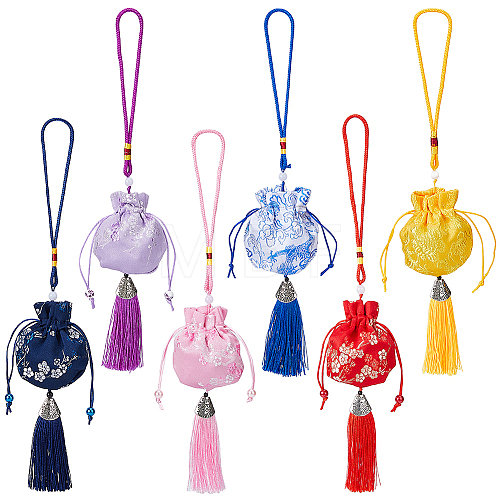6Pcs 6 Colors Plum lossom & Dragon Pattern Brocade Bag Pendant Decorations HJEW-FH0001-52-1