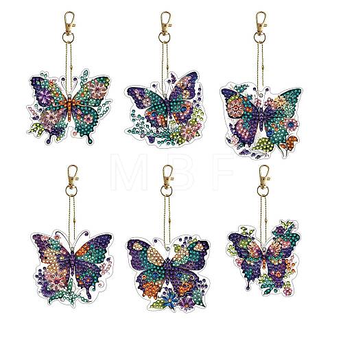 6Pcs Butterfly DIY Diamond Painting Keychain Kit PW-WG89143-01-1