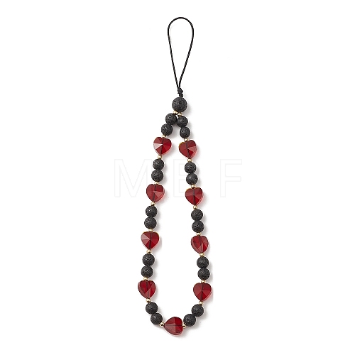 Round Natural Lava Rock & Heart Glass Beaded Mobile Straps HJEW-TA00027-1