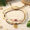 3OPcs 3 Styles Natural Rhodochrosite & Pink Jade & Glass Round Beads Bracelets & Brass Leaf Charm Bracelets Set DI3925-1-2