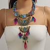 Bohemian Style Alloy Emerald Rhinestone and Dyed Feather & Polyester Cloth Round Statement Bib Necklaces for Women FS-WGC08FA-02-1