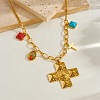 Religion 304 Stainless Steel Textured Cross and Resin Imitattion Turquoise Square Pendant Necklaces for Women NJEW-F380-01G-1