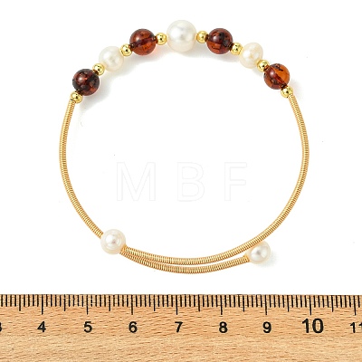 Copper French Wire & Round Natural Amber & Cultured Freshwater Pearl Cuff Bangle for Women BJEW-JB13990-1