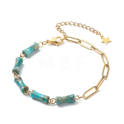 Natural Imperial Jasper(Dyed) Bamboo Joint Beaded Bracelet with Golden 304 Stainless Steel Chains for Women BJEW-JB09028-1