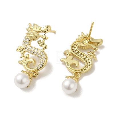 Rack Plating Brass Micro Pave Clear Cubic Zirconia Dragon Hold Glass Pearl Ball Stud Earrings for Women EJEW-P280-26G-1