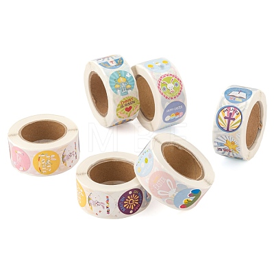 6 Rolls 3 Style Flat Round Easter Theme Pattern Tag Stickers DIY-LS0003-56-1
