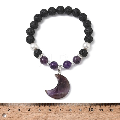 Natural Amethyst & Lava Rock & Shell Pearl Charm Bracelets BJEW-JB13705-02-1
