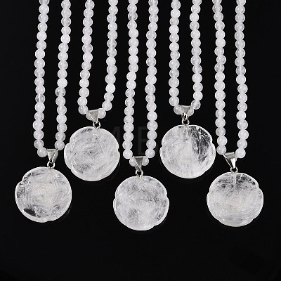 Natural Quartz Crystal 4.5mm Round Beaded Rock Crystal Flower Pendant Necklaces NJEW-T016-04P-1