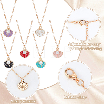 ANATTASOUL 6Pcs 6 Colors Enamel Shell with Plastic Pearl Pendant Necklaces Set for Women NJEW-AN0001-54-1