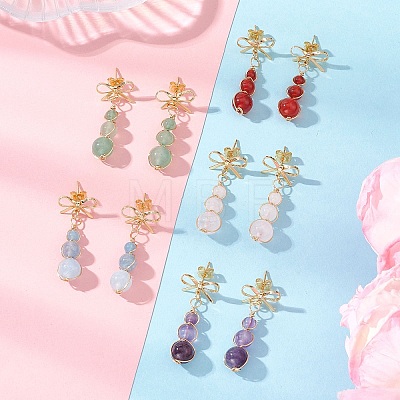Natural Mixed Stone Bowknot with Round Dangle Stud Earrings EJEW-JE06780-1