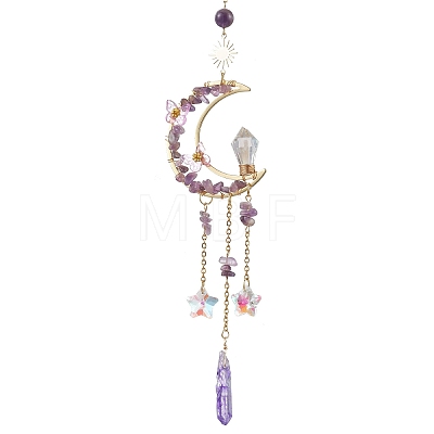 Wire Wrapped Natural Amethyst Chips Moon Hanging Ornaments HJEW-JM02621-02-1