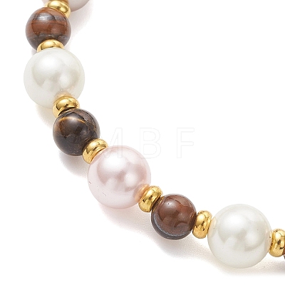 Shell Pearl & Natuarl Tiger Eye Round Beaded Bracelets for Women BJEW-JB12896-1